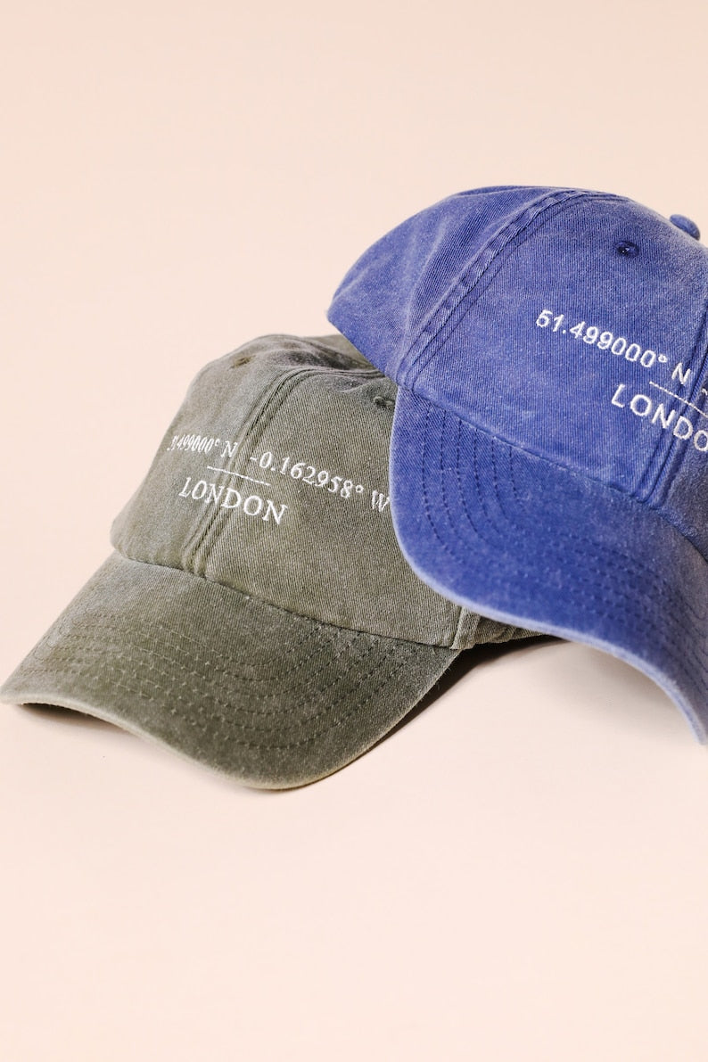 Custom Baseball Cap - Personalised Embroidered Hat with Your Favourite Location Coordinates - Washed Out Cotton Vintage Style Dad Hat il_794xN.4019231461_p4jh.jpg
