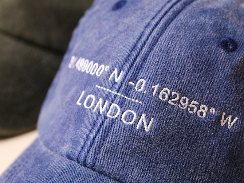 Custom Baseball Cap - Personalised Embroidered Hat with Your Favourite Location Coordinates - Washed Out Cotton Vintage Style Dad Hat il_794xN.4019241893_142r.jpg