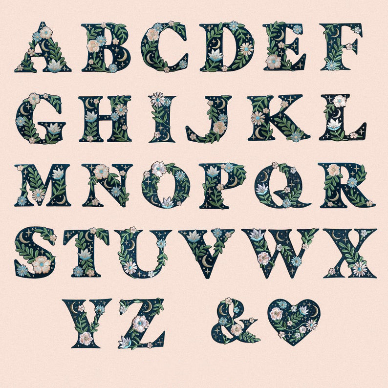 Botanical Letter Patches - Embroidered Applique Letters - Choose Your Letter or Initial! Flowers, Moon, & Stars Details!