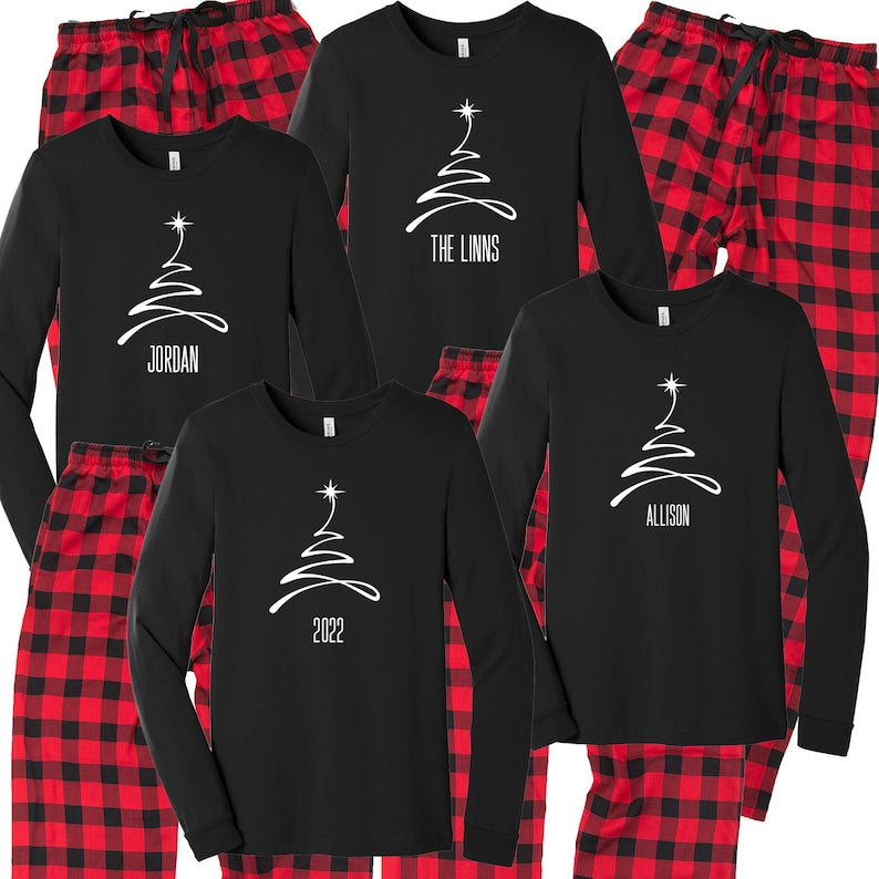Christmas Tree Pajamas, Personalized Family Pjs, Matching Family Pajamas, Xmas sleepwear, Merry Christmas 2025, black white plaid flannel il_794xN.4407217365_b8pw.jpg