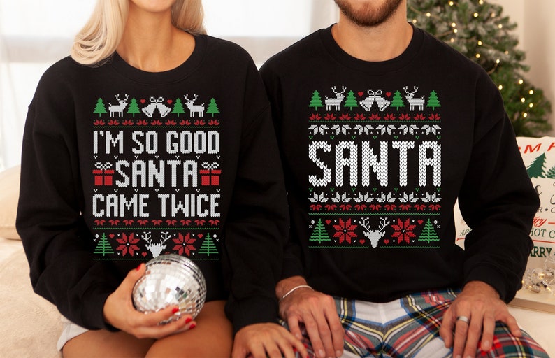 Unisex Funny Couples Ugly Christmas Sweater, Couples Matching Ugly Christmas Sweater, Santa Twice, Christmas Pajamas, Sold Seperate il_794xN.4433188397_qflw_0b85a037-db10-48b0-8bbd-c1548429fa08.jpg
