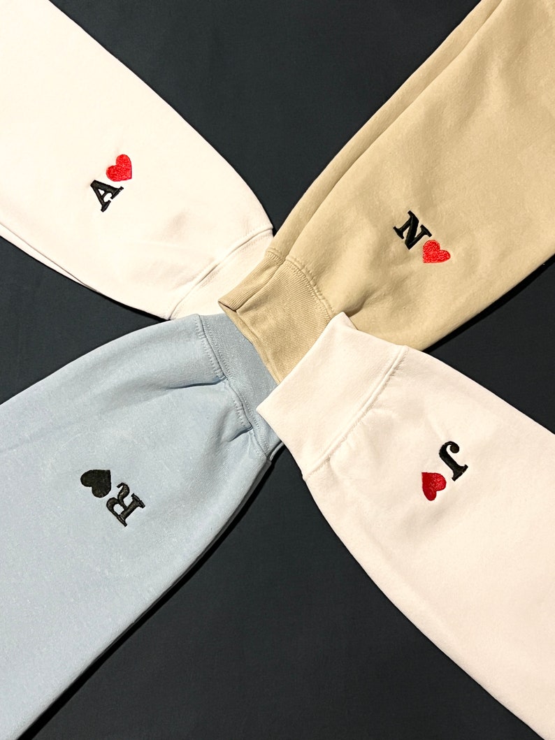 Custom Embroidered Initial Heart Sweatshirt, Initial on Sleeve, Couple Shirt, Anniversary, Couple's Shirt, Custom Embroidered Hoodie. il_794xN.4569910062_sdww.jpg