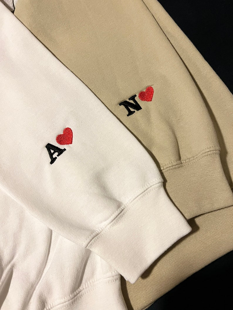 Custom Embroidered Initial Heart Sweatshirt, Initial on Sleeve, Couple Shirt, Anniversary, Couple's Shirt, Custom Embroidered Hoodie. il_794xN.4569910244_7a1a.jpg