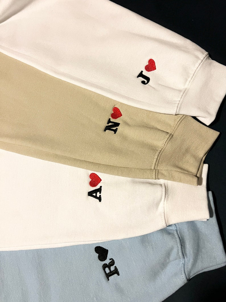 Custom Embroidered Initial Heart Sweatshirt, Initial on Sleeve, Couple Shirt, Anniversary, Couple's Shirt, Custom Embroidered Hoodie. il_794xN.4569910250_c1f7.jpg
