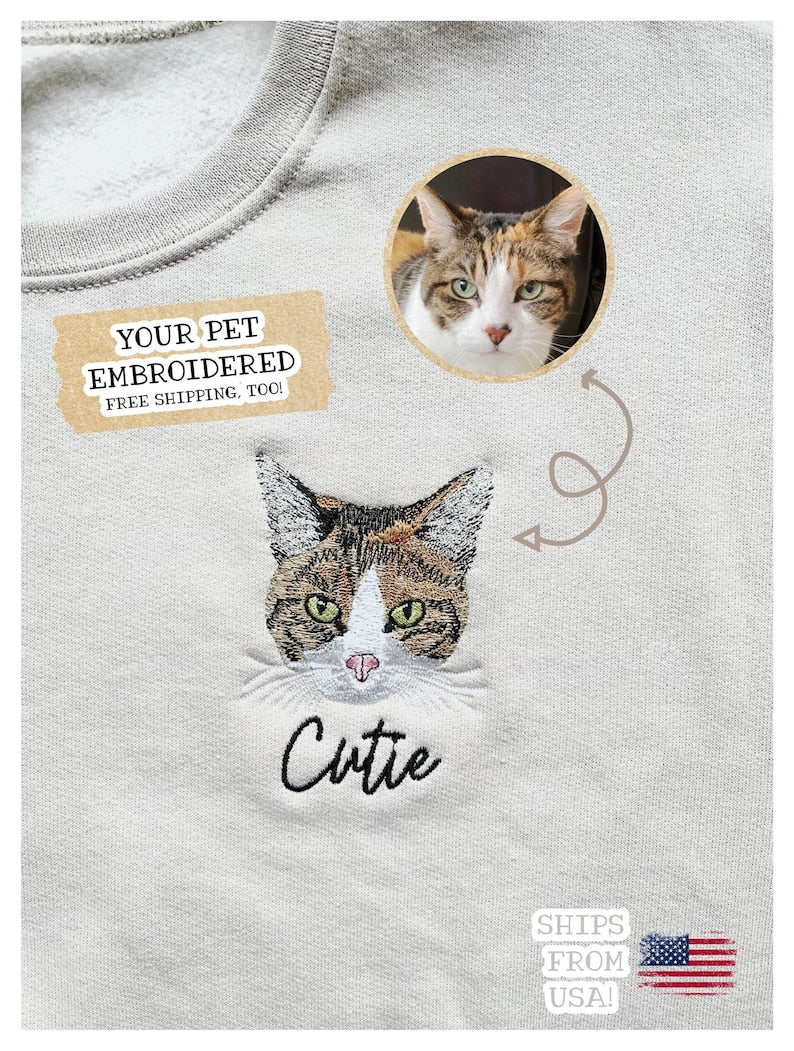 Custom Embroidered Pet Crewneck Sweatshirt, Custom Dog Shirt, Custom Cat Sweatshirt