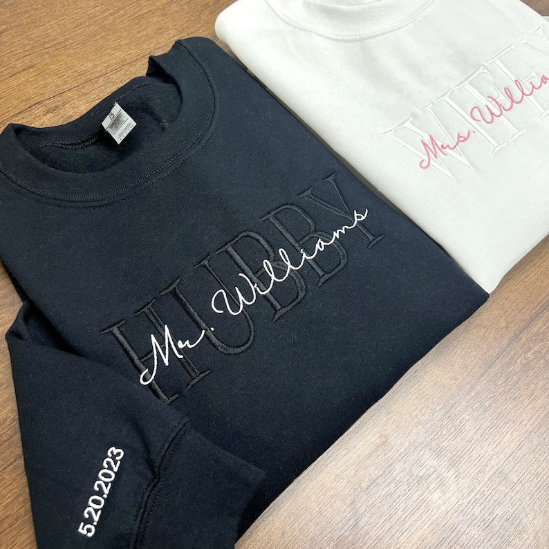 Personalized Embroidered Wife Sweatshirt, Custom Last Name Shirt, Bridal Sweatshirt, Engagement Sweatshirt, Bride Shirt, White Wifey il_794xN.4698582430_1jzx.jpg