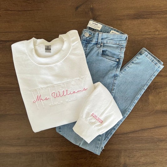 Personalized Embroidered Wife Sweatshirt, Custom Last Name Shirt, Bridal Sweatshirt, Engagement Sweatshirt, Bride Shirt, White Wifey il_794xN.4698585546_lf23.jpg