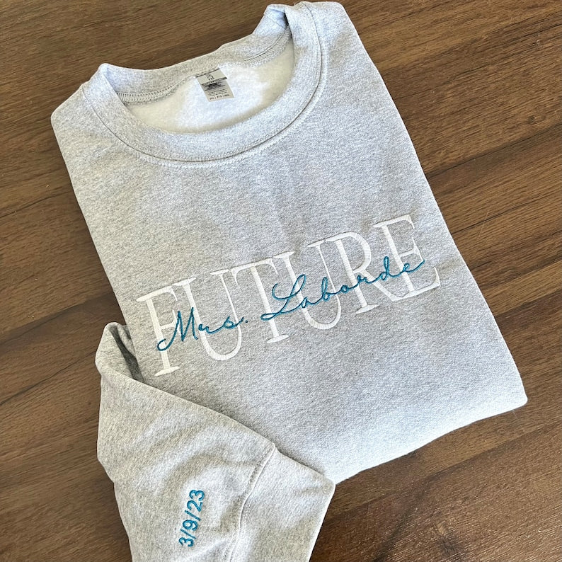 Custom Mrs. Embroidered Sweatshirt, Date On Sleeve, Hubby Wifey Shirt, Gift For Bride, Future Mrs Hoodie, Engagement Gift, Bride To Be il_794xN.4731164012_3c7v_4df40300-916b-4365-bf21-676c568ffaf8.jpg?v=1742187630