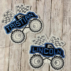 Monster Truck Race Car Checkered Flag Personalized Iron On Patch Embroidered Applique Custom Name Tag