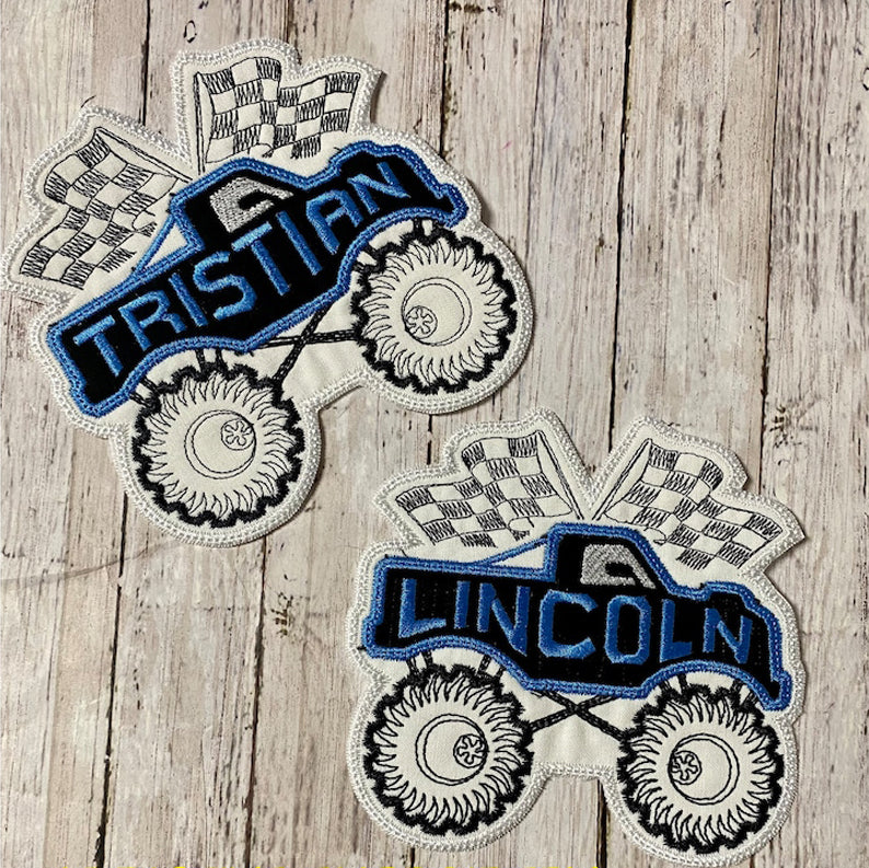 Monster Truck Race Car Checkered Flag Personalized Iron On Patch Embroidered Applique Custom Name Tag