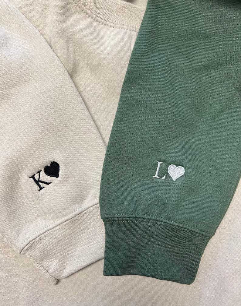 Custom Embroidered Initial Heart Sweatshirt, Initial on Sleeve, Couple Shirt, Anniversary, Couple's Shirt, Custom Embroidered Hoodie. il_794xN.4870917012_p73q.jpg