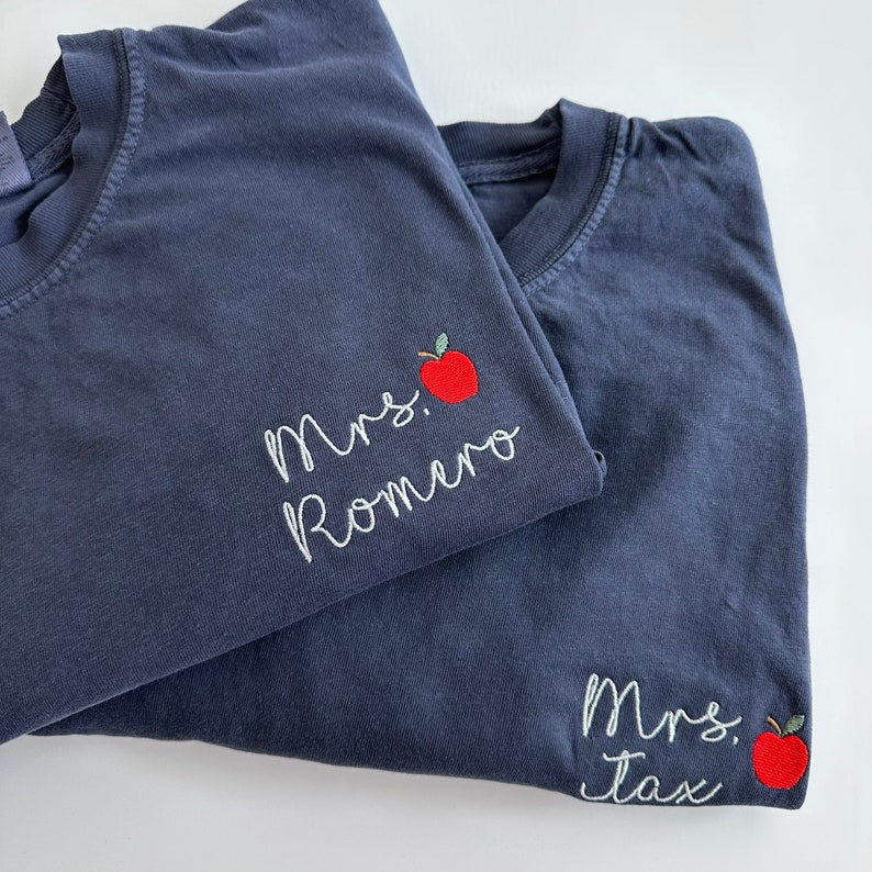Custom Embroidered Teacher Name Embroidered Short Sleeve Shirt - School Colors - Teacher Gift - Teacher Appreciation - Apple il_794xN.4884227326_somj.jpg?v=1743397336