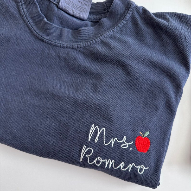 Comfort Colors Custom Embroidered Teacher Name Embroidered Short Sleeve Shirt - School Colors - Teacher Gift - Teacher Appreciation - Apple