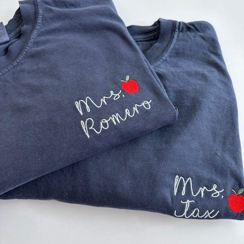 Comfort Colors Custom Embroidered Teacher Name Embroidered Short Sleeve Shirt - School Colors - Teacher Gift - Teacher Appreciation - Apple