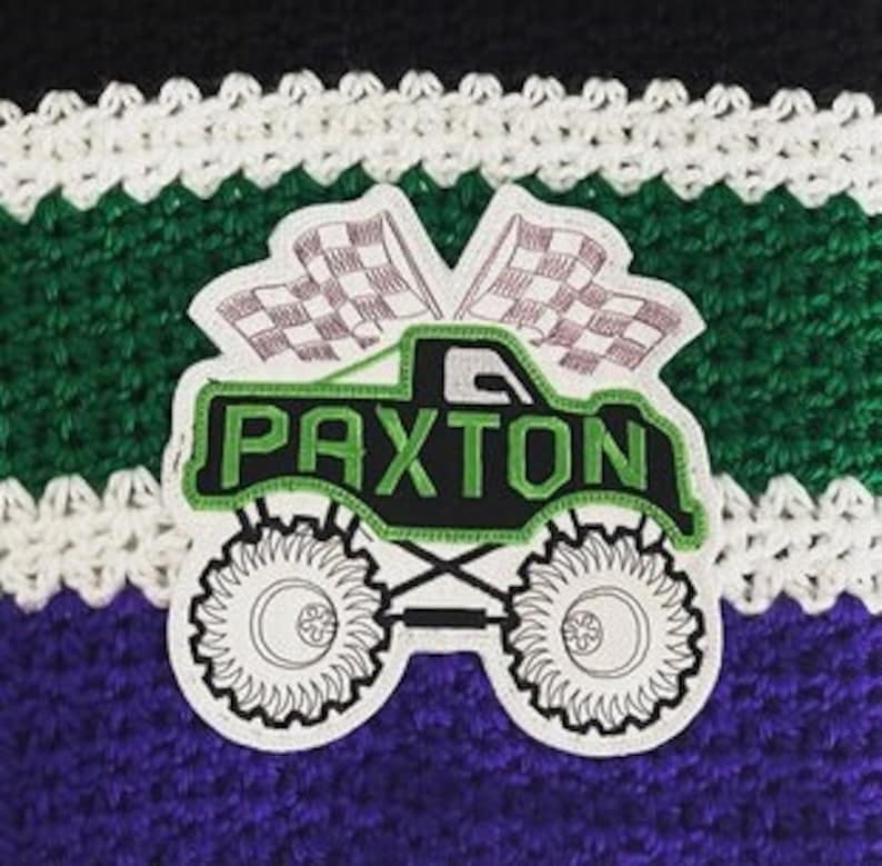 Monster Truck Race Car Checkered Flag Personalized Iron On Patch Embroidered Applique Custom Name Tag