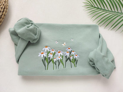Daisies And Butterfly Embroidered Sweatshirt, Butterfly Sweatshirt,Crewneck Sweatshirt,Embroidery Patterns,Flower Embroidery, Best Gift