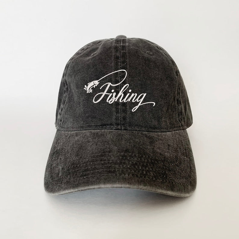 Fishing Embroidered Baseball Cap Vintage Adjustable Dad Hat for Fishermen, Outdoor Adventure Fishing Hat Gift, Stylish Embroidery Cap for Men and Women Who Love Fishing