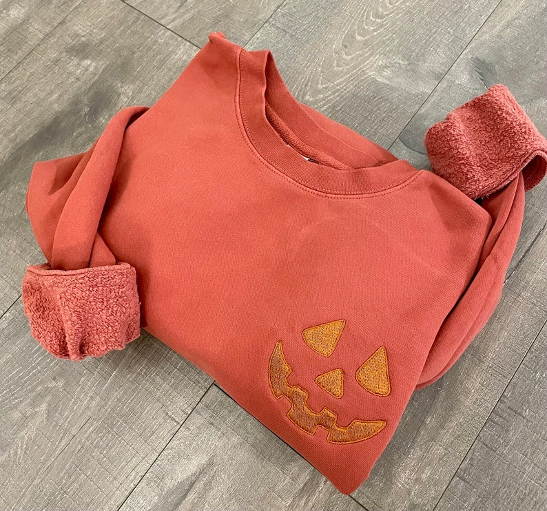 Halloween Pumpkin Face Crewneck Sweatshirt, Embroidered Jackolantern Pullover, Tonal Spooky Season Sweater, Trendy Fall Apparel, Unisex il_794xN.5077197338_1qtw.jpg