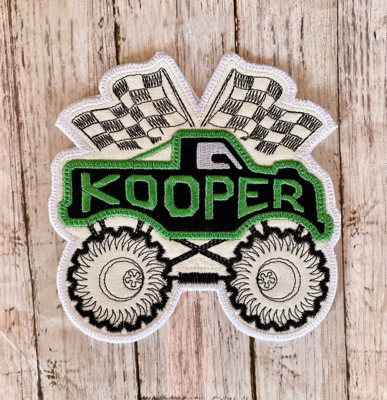 Monster Truck Race Car Checkered Flag Personalized Iron On Patch Embroidered Applique Custom Name Tag