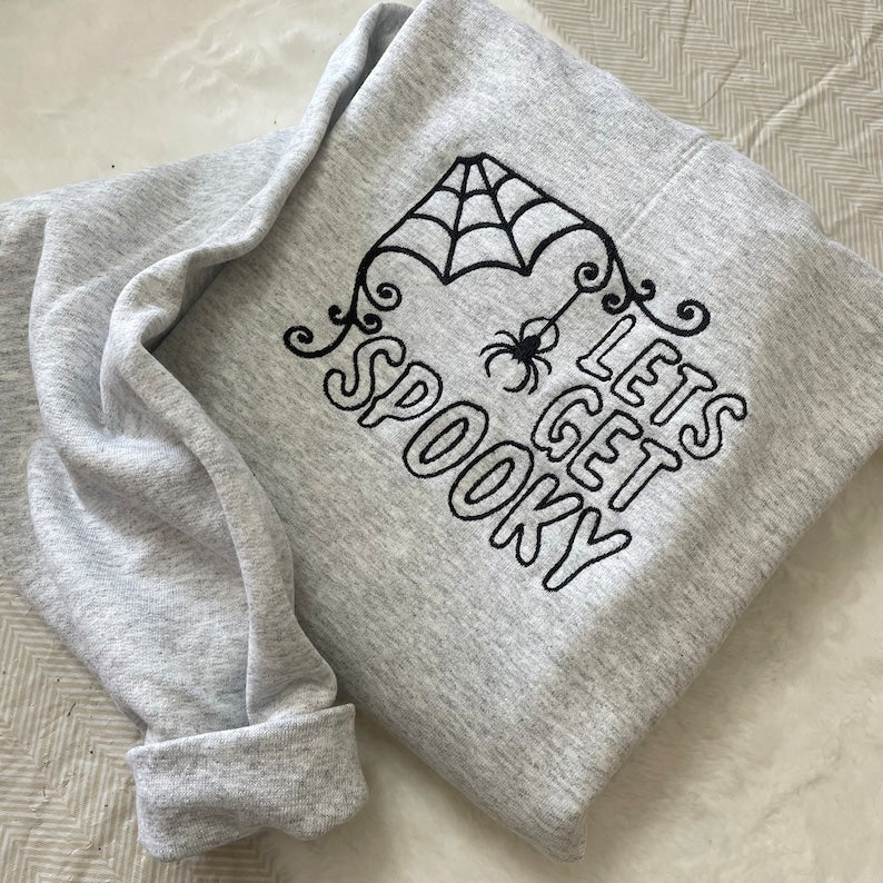 Let s Get Spooky Halloween Sweatshirt Cozy Embroidered Spider Web and Pumpkin Inspired Fall Pullover, Cute Spooky Season Sweater for Women & Men