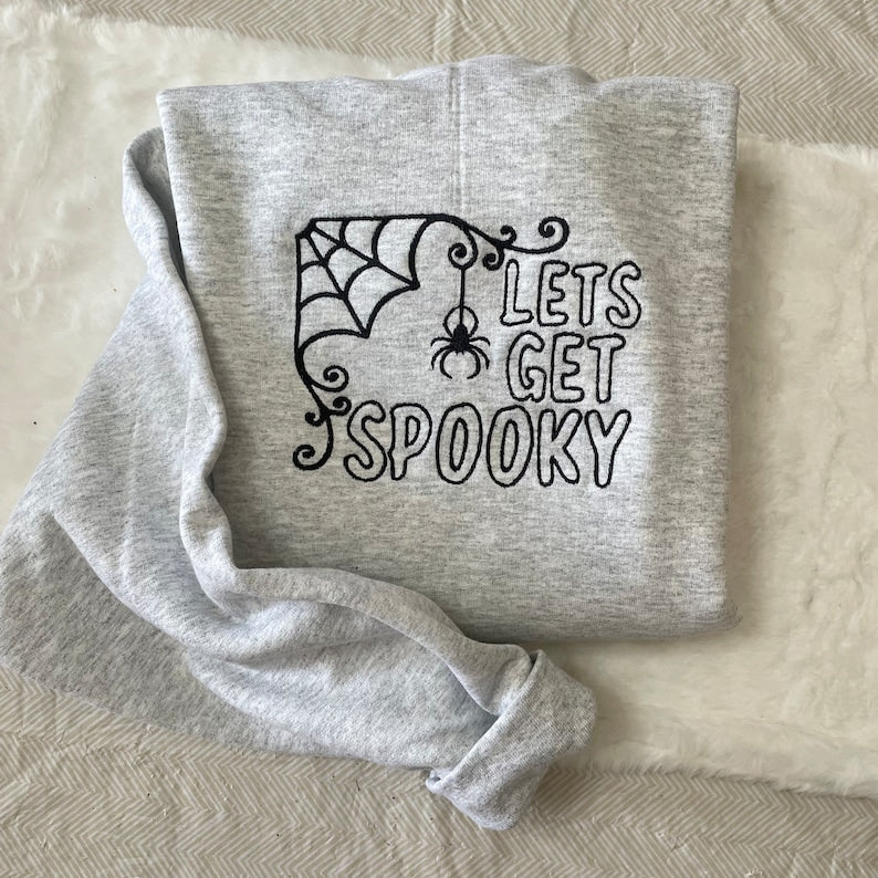 Let s Get Spooky Halloween Sweatshirt Cozy Embroidered Spider Web and Pumpkin Inspired Fall Pullover, Cute Spooky Season Sweater for Women & Men