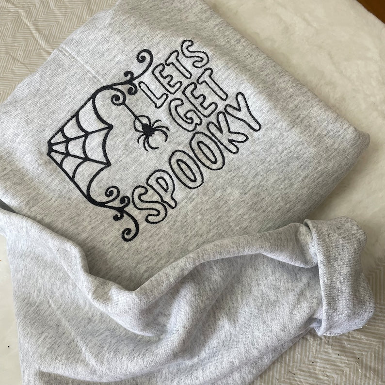 Let s Get Spooky Halloween Sweatshirt Cozy Embroidered Spider Web and Pumpkin Inspired Fall Pullover, Cute Spooky Season Sweater for Women & Men