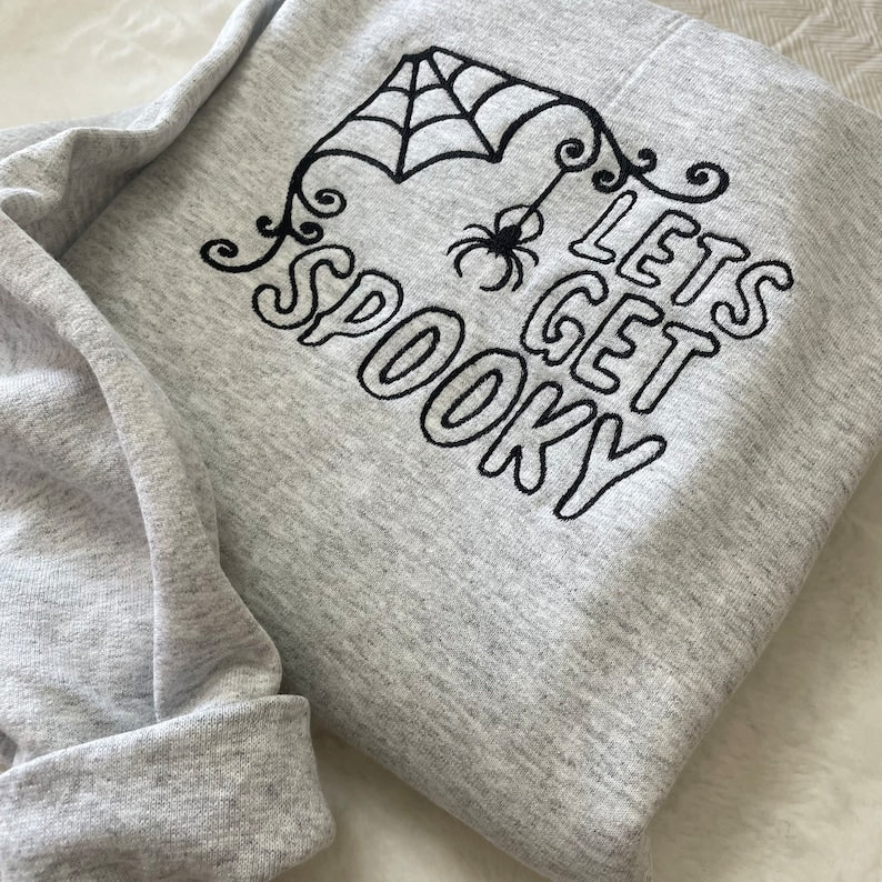 Let s Get Spooky Halloween Sweatshirt Cozy Embroidered Spider Web and Pumpkin Inspired Fall Pullover, Cute Spooky Season Sweater for Women & Men
