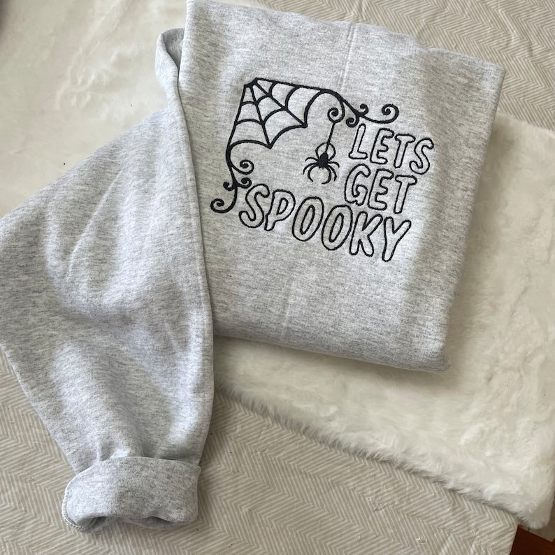 Let s Get Spooky Halloween Sweatshirt Cozy Embroidered Spider Web and Pumpkin Inspired Fall Pullover, Cute Spooky Season Sweater for Women & Men