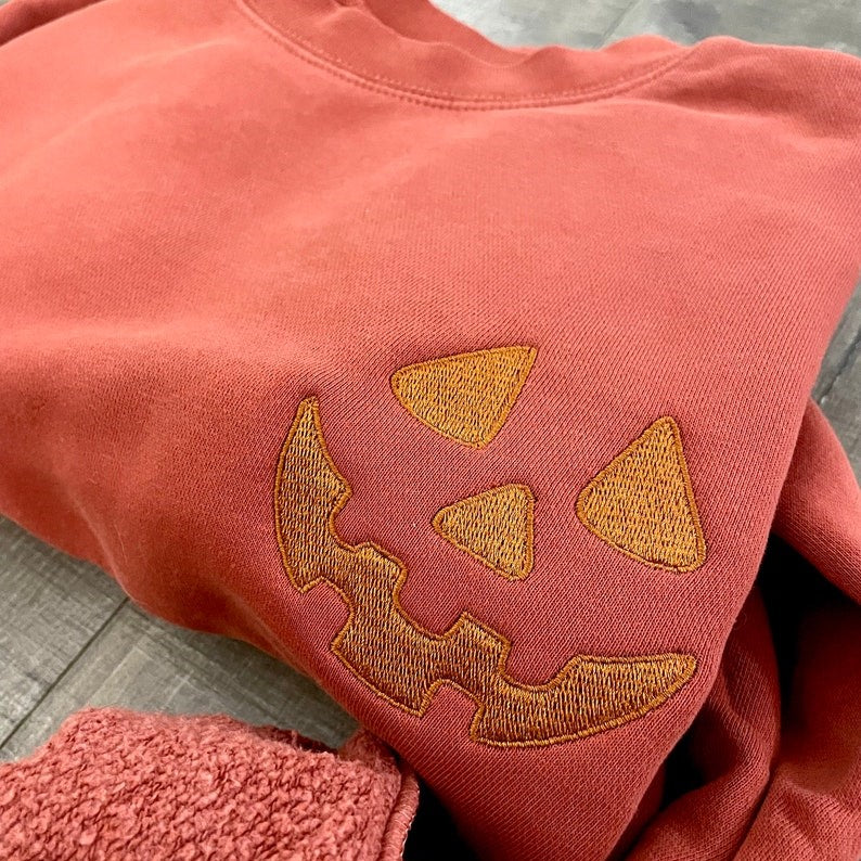 Halloween Pumpkin Face Crewneck Sweatshirt, Embroidered Jackolantern Pullover, Tonal Spooky Season Sweater, Trendy Fall Apparel, Unisex il_794xN.5125428641_9j0v.jpg
