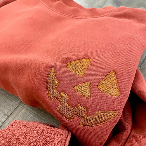 Halloween Pumpkin Face Crewneck Sweatshirt, Embroidered Jackolantern Pullover, Tonal Spooky Season Sweater, Trendy Fall Apparel, Unisex il_794xN.5125428641_9j0v.jpg