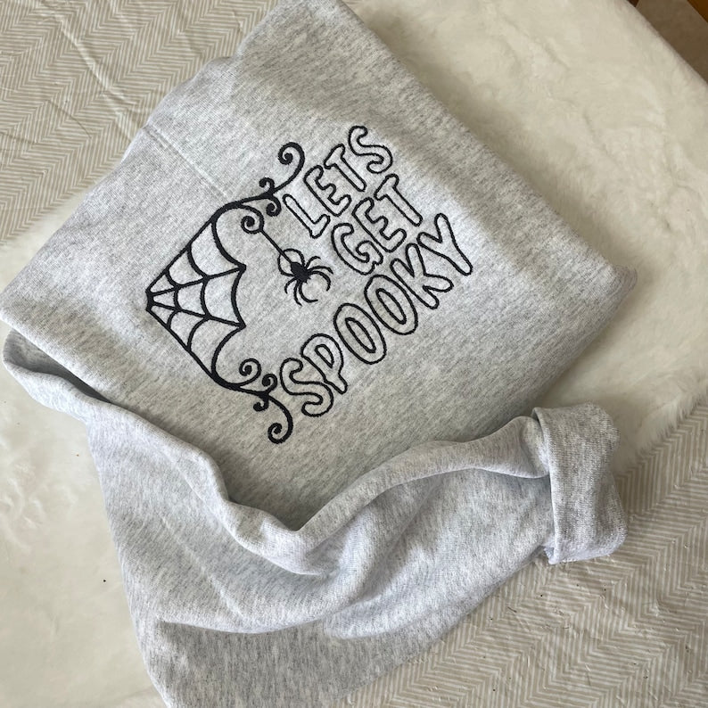 Let s Get Spooky Halloween Sweatshirt Cozy Embroidered Spider Web and Pumpkin Inspired Fall Pullover, Cute Spooky Season Sweater for Women & Men