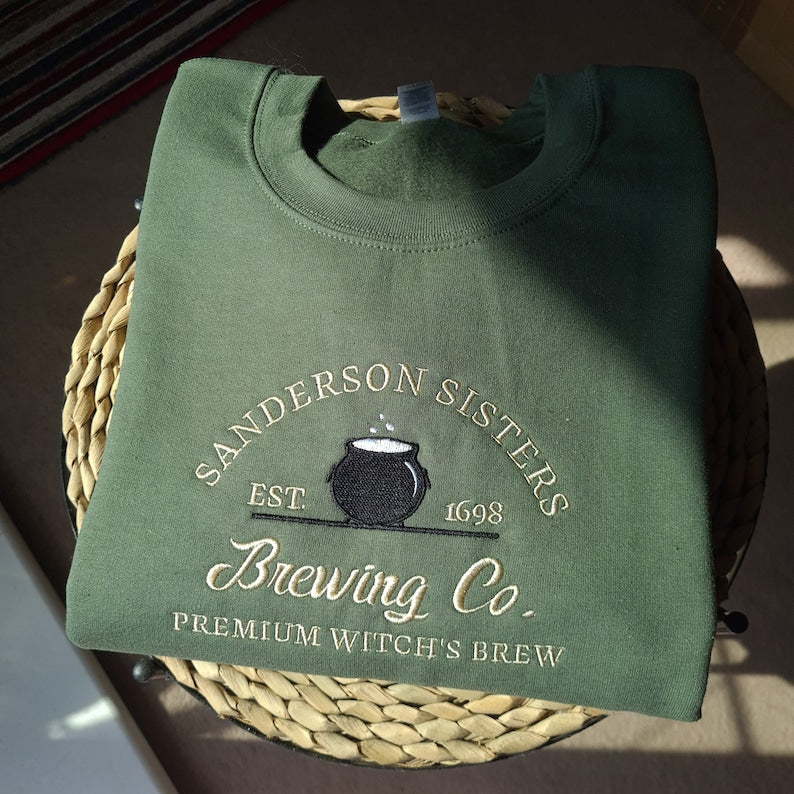 Embroidered Sweatshirt, Sanderson Sisters Sweatshirt, Halloween Brewing Co Jumper, Vintage Halloween Embroidered Crewneck, Spooky Jumper