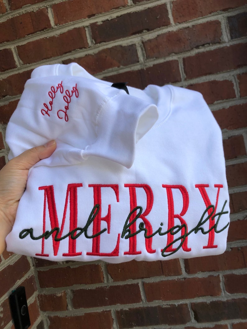 Embroidered merry and bright crewneck cozy sweatshirt holiday Christmas gifts anniversary custom sleeves housewarming gift Santa gift il_794xN.5296795731_nhuf.jpg