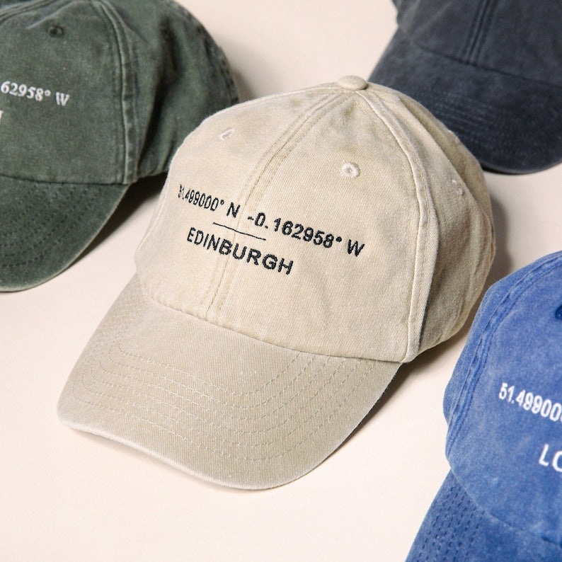 Custom Baseball Cap - Personalised Embroidered Hat with Your Favourite Location Coordinates - Washed Out Cotton Vintage Style Dad Hat il_794xN.5298055406_toge.jpg