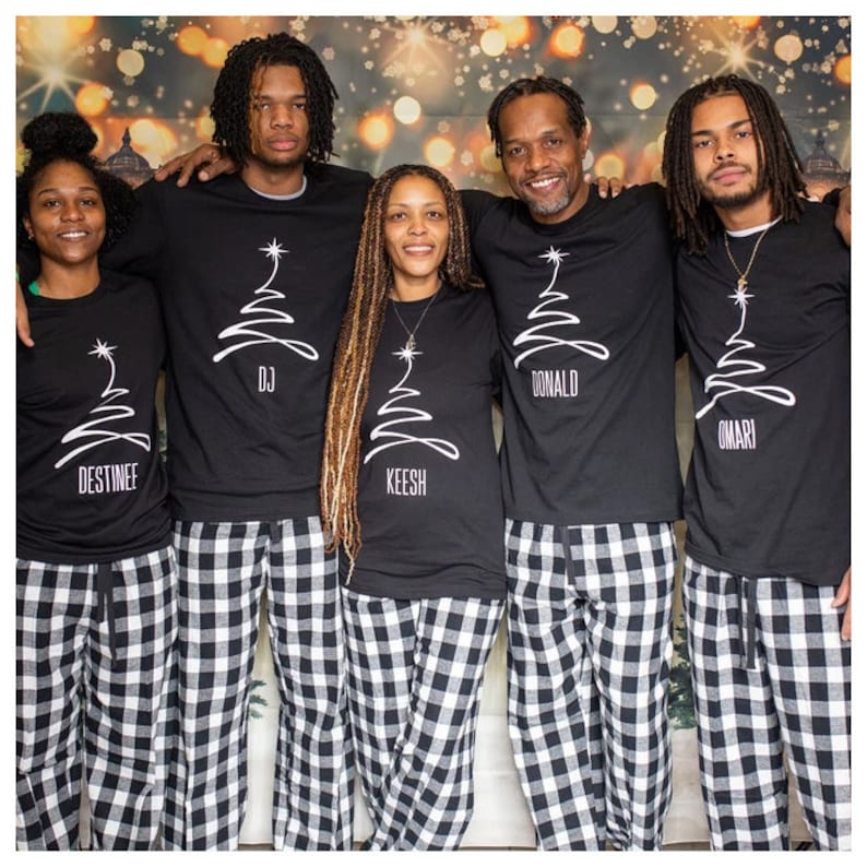 Christmas Tree Pajamas, Personalized Family Pjs, Matching Family Pajamas, Xmas sleepwear, Merry Christmas 2025, black white plaid flannel il_794xN.5415269300_g51d.jpg