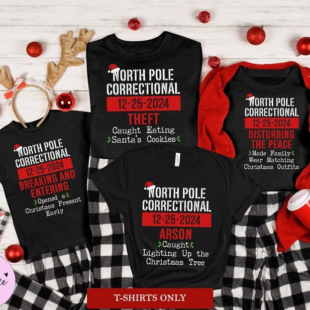 Matching Family Christmas Pajama Shirts, North Pole Correctional, Funny Group Christmas Pajamas, Holiday Tshirts, Xmas Pjs Adult Pyjama Tops il_794xN.5648047146_jk35.jpg