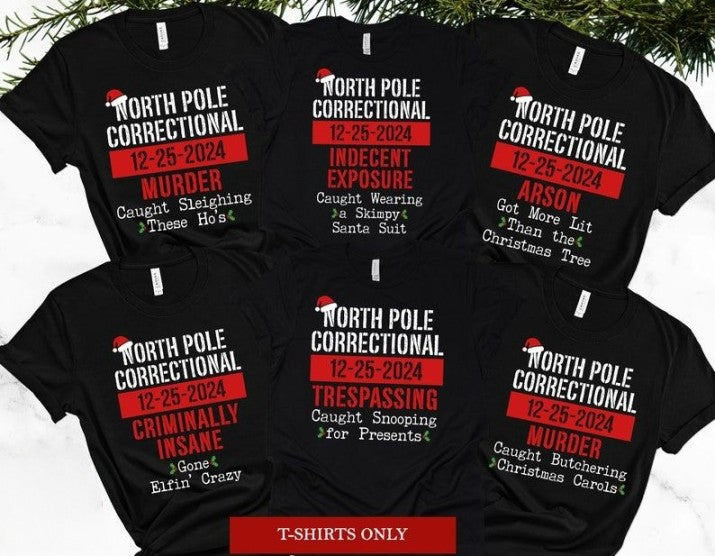 Matching Family Christmas Pajama Shirts, North Pole Correctional, Funny Group Christmas Pajamas, Holiday Tshirts, Xmas Pjs Adult Pyjama Tops il_794xN.5648048494_2k2g_1.jpg