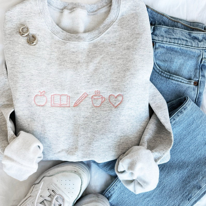 Embroidered Teacher Life Crewneck Sweatshirt with Cute Teacher Icons| Perfect Personalized Gift For Teachers Week | Teacher Life il_794xN.5675077561_mvnv.jpg?v=1743397405