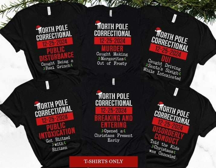 Matching Family Christmas Pajama Shirts, North Pole Correctional, Funny Group Christmas Pajamas, Holiday Tshirts, Xmas Pjs Adult Pyjama Tops il_794xN.5703064757_g58g_1.jpg