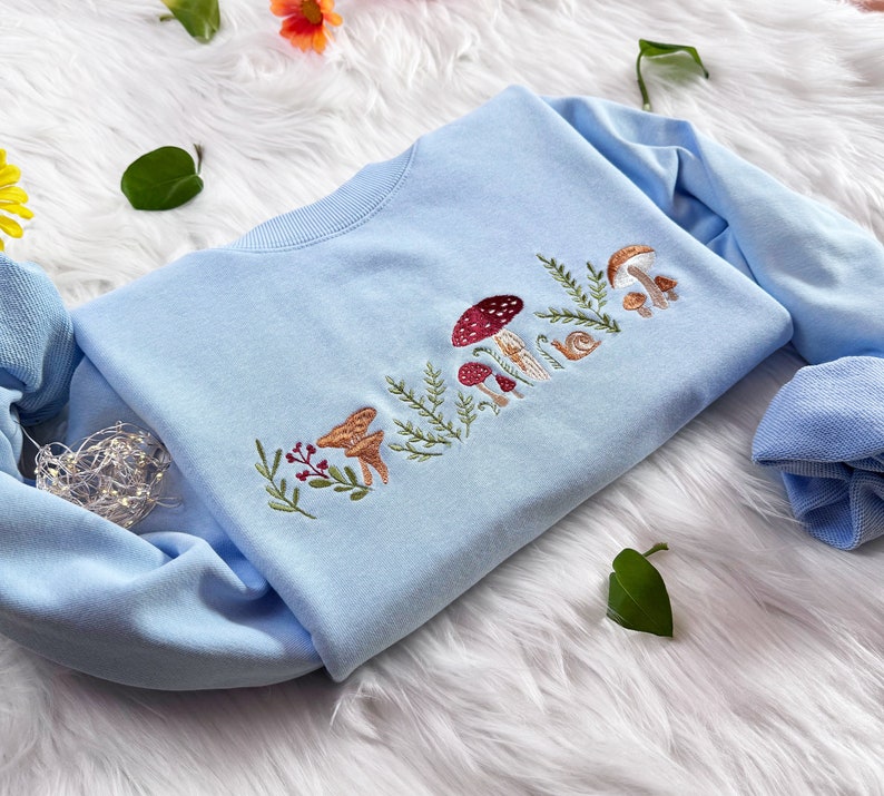 Embroidered Mushroom Sweatshirt | Botany Embroidered Hoodie | Cottage Core Embroidery T-shirt | Embroidered Mushroom Crew Neck Sweatshirt