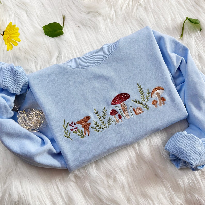 Embroidered Mushroom Sweatshirt | Botany Embroidered Hoodie | Cottage Core Embroidery T-shirt | Embroidered Mushroom Crew Neck Sweatshirt