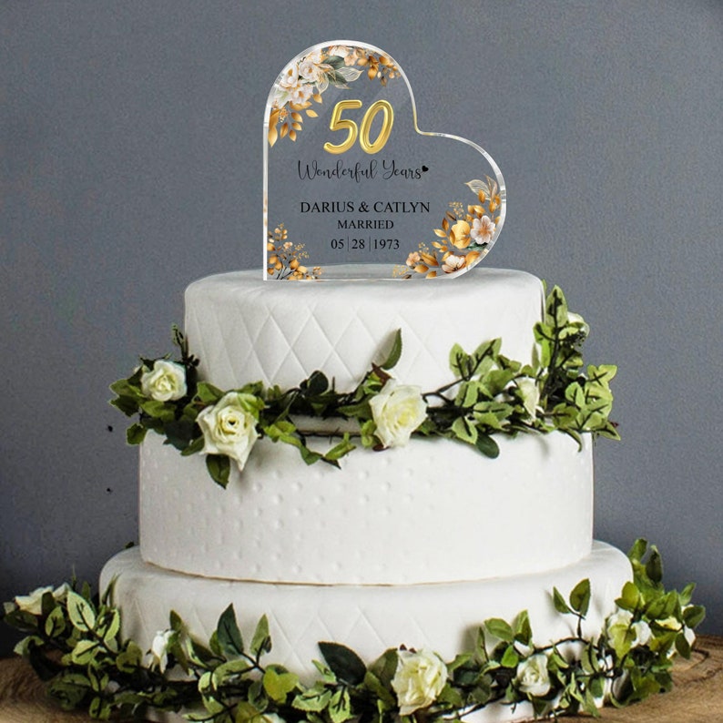 Personalized 50th Wedding Anniversary Cake Topper Heart Acrylic Plaque, Golden Anniversary Gifts, Gift For Parents, 50th Anniversary il_794xN.5715567870_4whr.jpg
