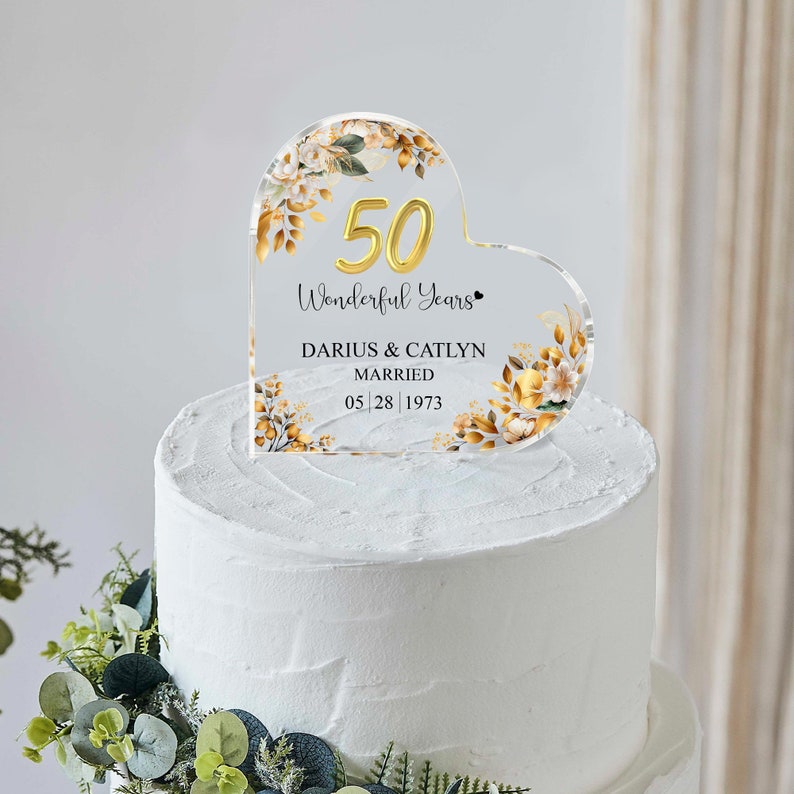 Personalized 50th Wedding Anniversary Cake Topper Heart Acrylic Plaque, Golden Anniversary Gifts, Gift For Parents, 50th Anniversary il_794xN.5715567876_gkx4.jpg