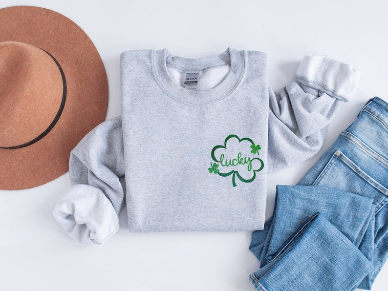 Embroidered St Patricks Day Sweatshirt, Embroidered Lucky Sweatshirt, Embroidered Clover Shirt, Lucky Shirt, Embroidered St Patricks Day Tee il_794xN.5746968304_cek4.jpg