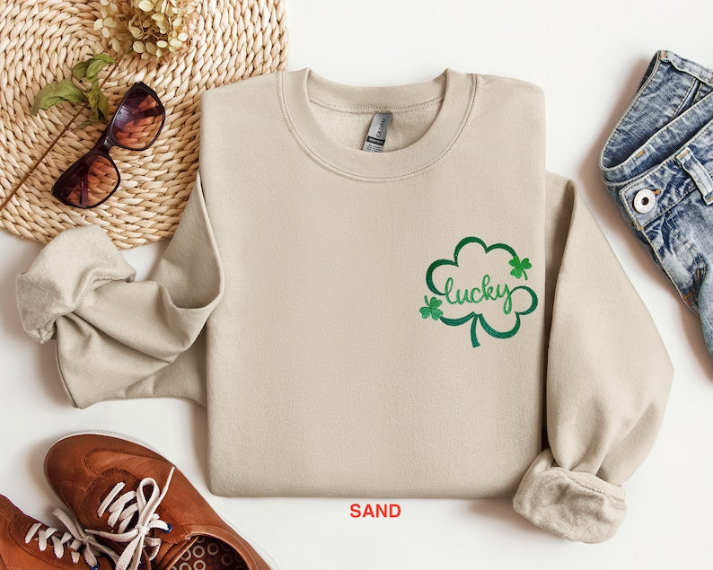 Embroidered St Patricks Day Sweatshirt, Embroidered Lucky Sweatshirt, Embroidered Clover Shirt, Lucky Shirt, Embroidered St Patricks Day Tee il_794xN.5746968450_bkho.jpg