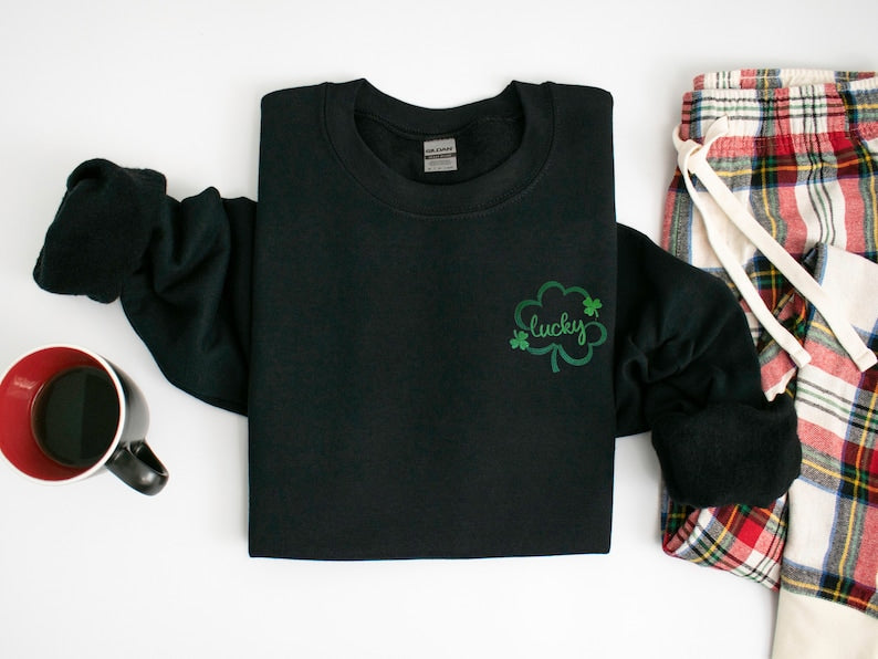 Embroidered St Patricks Day Sweatshirt, Embroidered Lucky Sweatshirt, Embroidered Clover Shirt, Lucky Shirt, Embroidered St Patricks Day Tee il_794xN.5746968460_eo72.jpg