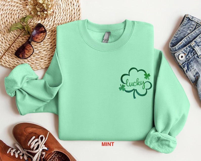Embroidered St Patricks Day Sweatshirt, Embroidered Lucky Sweatshirt, Embroidered Clover Shirt, Lucky Shirt, Embroidered St Patricks Day Tee il_794xN.5746969402_b9ji.jpg