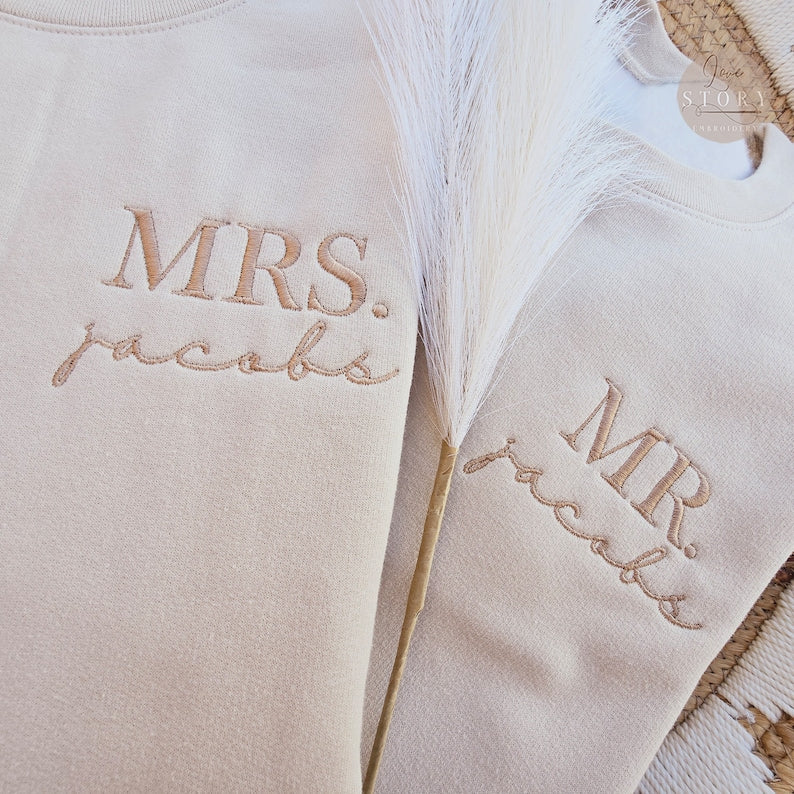 Custom Mrs. Embroidered Sweatshirt, Date On Sleeve, Gift For Bride, Future Mrs. and Mr. Mrs Last Name, Engagement Gift, Hubby Wifey