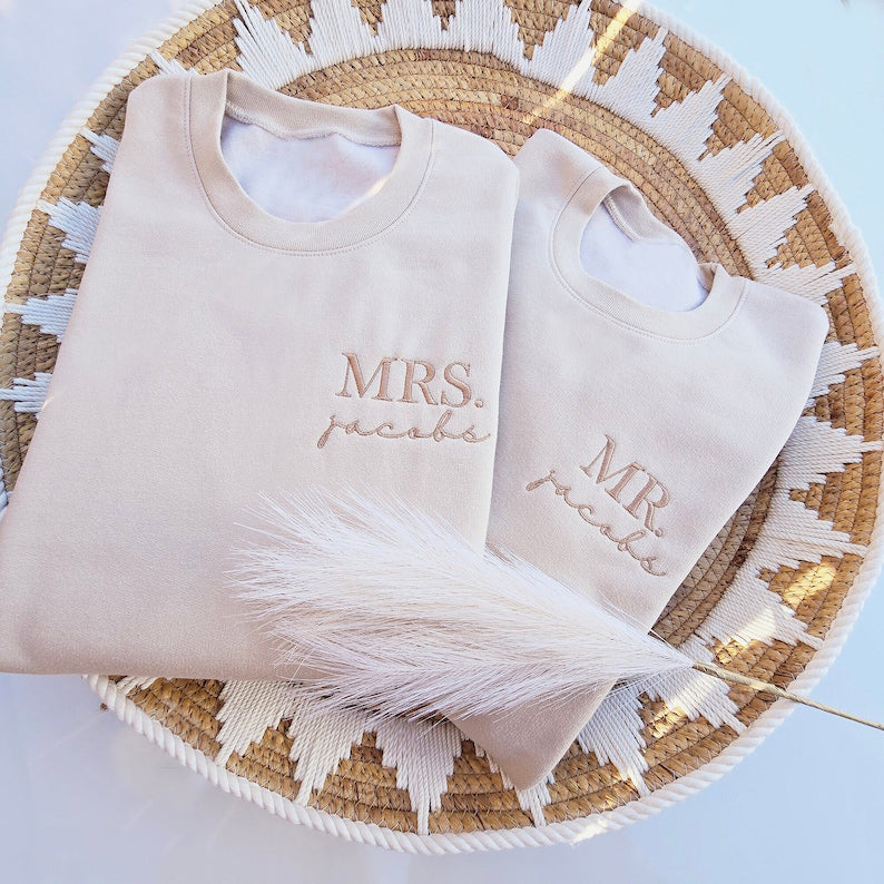 Custom Mrs. Embroidered Sweatshirt, Date On Sleeve, Gift For Bride, Future Mrs. and Mr. Mrs Last Name, Engagement Gift, Hubby Wifey