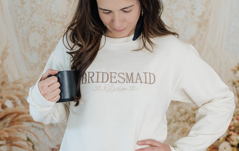 Embroidered Bridesmaid Sweatshirt, Maid of Honor Gifts, Bridal Party Gifts, Bachelorette Party Sweatshirt, Embroidered Sleeve
